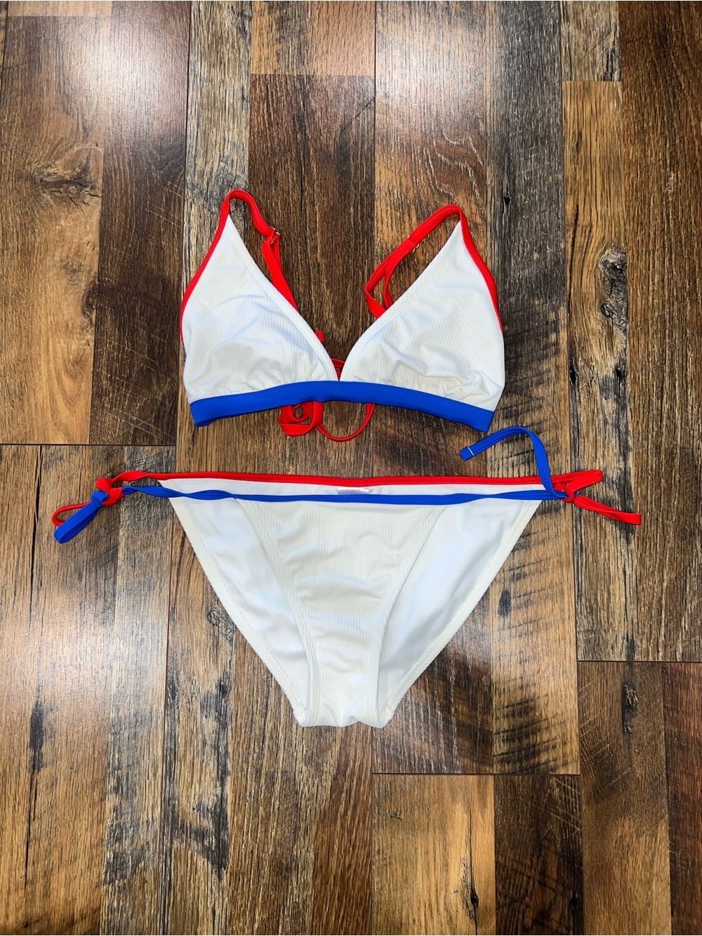 White Triangle Bikini Set with Red & Blue Trim